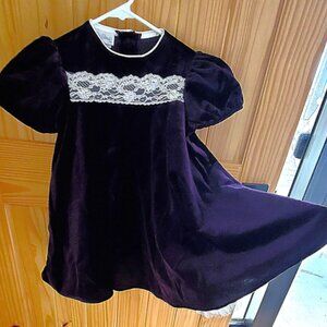 Rare Editions Dark Purple Velvet, Satin Trim Lace & Cream Roses Dress Size 6